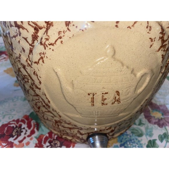 USA  crock roseville oh Spongeware Stoneware ICED TEA Cooler Dispenser w Lid - Picture 7 of 8